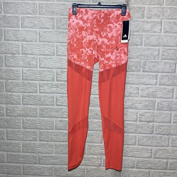 NWT MSRP $100 Adidas Climalite Ultimate Rise Printed Orange Tights Leggings - Picture 3 of 9